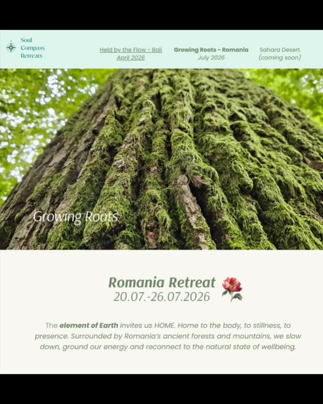 Growing Roots – Romania Retreat 🌹
20–26 July 2026

The Earth element calls us home. Home to stillness. Home to the body. Home to what truly matters.Home to Yoga and meditation. 

Surrounded by Romania’s timeless landscapes, we gather to rest, ground, and remember our natural rhythm. This is an invitation to land fully, reconnect with nature, and allow a deep sense of wellbeing to unfold—slowly, gently, and naturally.

What's included:
☆Daily Yoga and meditation 
☆3x delicious, nourishing vegetarian meals/ day
☆shared or private accommodation 
☆sharing & connection circles
☆forests bath
☆earth mandala creation 
☆trip to underground caves
☆airport transfers
☆and many more surprises

Join our information calls:
●21.02 at 12:00 PM CET
●3.03 at 20:00 PM CET
●28.3 at 12:00 PM CET

Early bird until 1.04 ;)

Looking forward for this amazing experience together💚

Namaste 🙏 

#yoga, #retreat, #yogainromania, #transformation